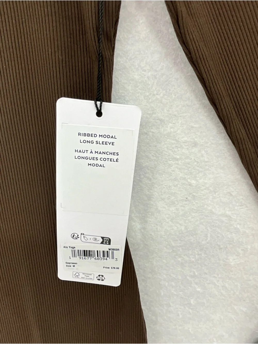 NWT Alo Yoga Ribbed‎ Modal Long Sleeve Expresso Medium